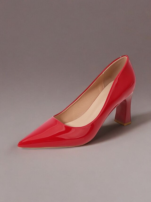 Green Leather Glossy Pumps Patent Heel Faux Block Pointed-Toe