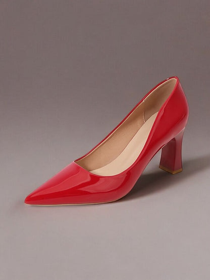 Green Leather Glossy Pumps Patent Heel Faux Block Pointed-Toe