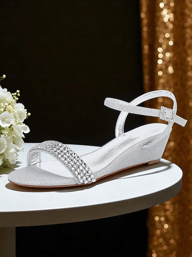 Rhinestone Sandals Toe Open Champagne Wedge Women's -