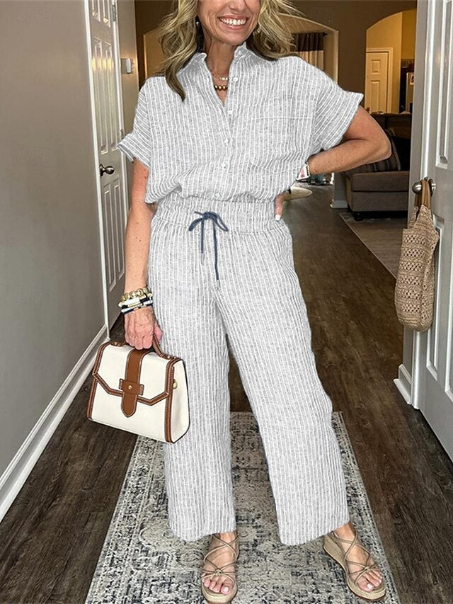 Women's Pants Sets Short Sleeve Shirt Collar Striped