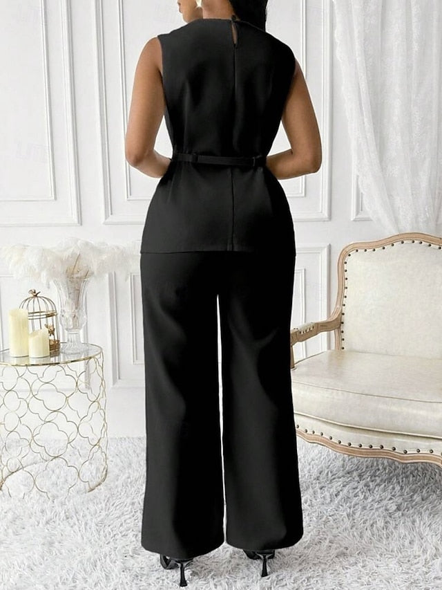 Women's Pants Sets Bolero Sleeveless Round Neck Solid Color
