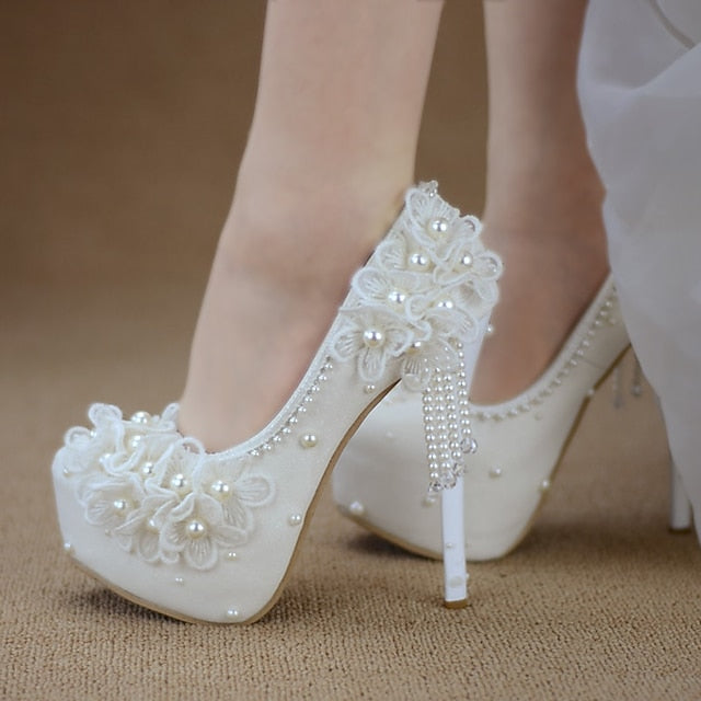 Lace Heels Platform with White Floral Women's Wedding