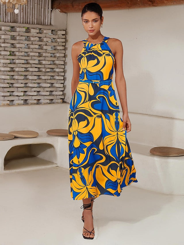 Satin Leaves Sleeveless Maxi Dress (No Belt)