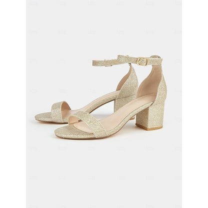Gold Glitter Block Stylish Ankle Women's Heel Sandals with