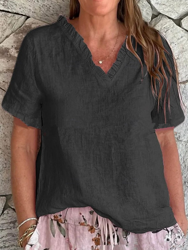 Women's Cotton Linen Blouse Solid Color Elegant Casual