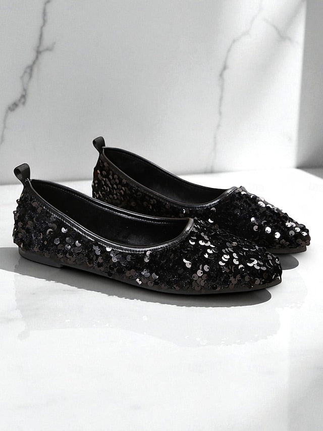 Pointed - Toe Sequin Ballet Black Flats Women's Sparkly