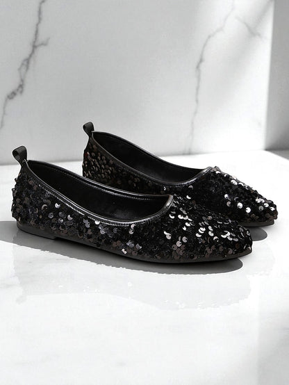 Pointed - Toe Sequin Ballet Black Flats Women's Sparkly