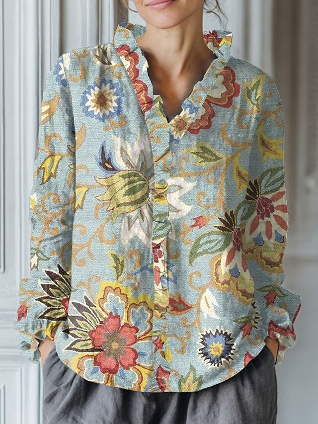 Women's Blouse Ruched Ruffle Floral Graphic Elegant Vintage