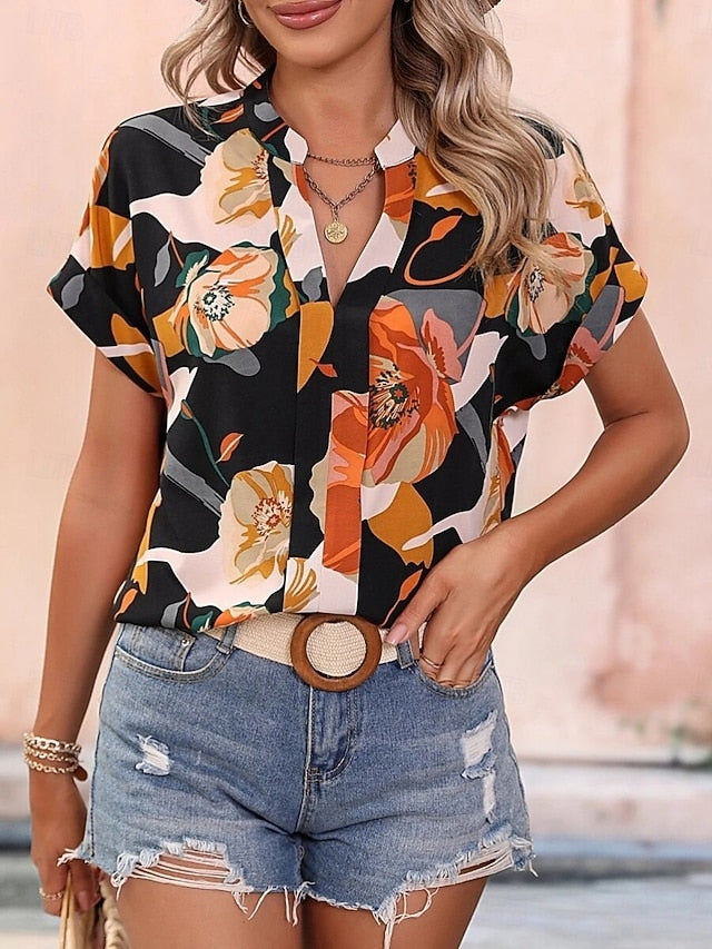 Women's Blouse Print Floral Stylish Casual Short Sleeve V