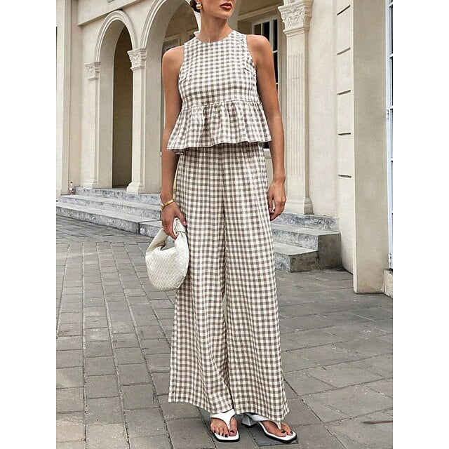 Women's Pants Sets Bolero Top Sleeveless Crew Neck Plaid