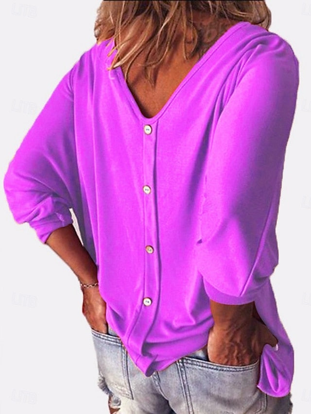 Women's T-Shirt  Solid Color Stylish Casual Long Sleeve V