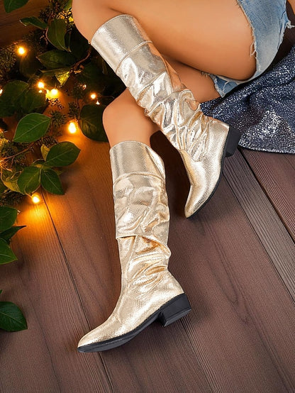 Boots Party Shiny Women's Knee High Slouch Metallic Gold -