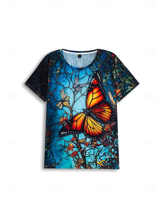 Women's T shirt Round Neck Stained Glass Hummingbird Print