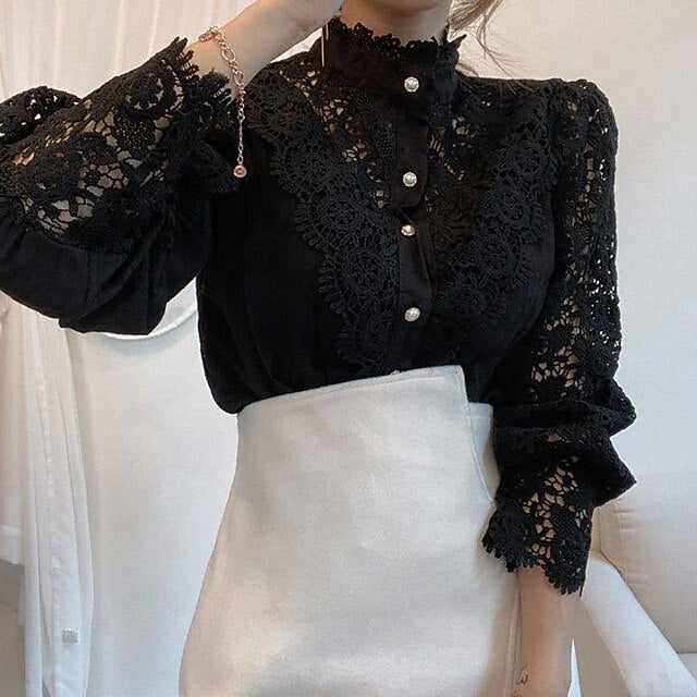 Women's Lace Shirt Blouse Eyelet top White Lace Shirt