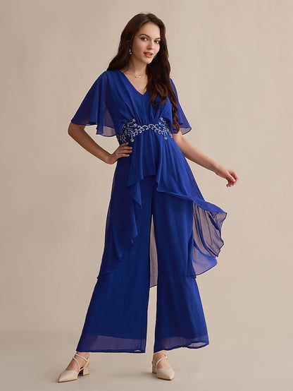 Embroidered Blue Wedding Chiffon Guest Cuff Sequin Flare Royal