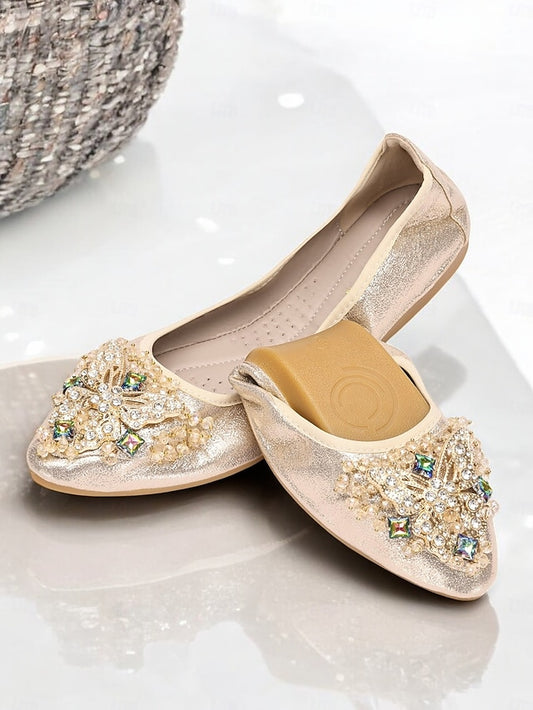 Flats Glitter Crystal Women's with Gold Foldable
