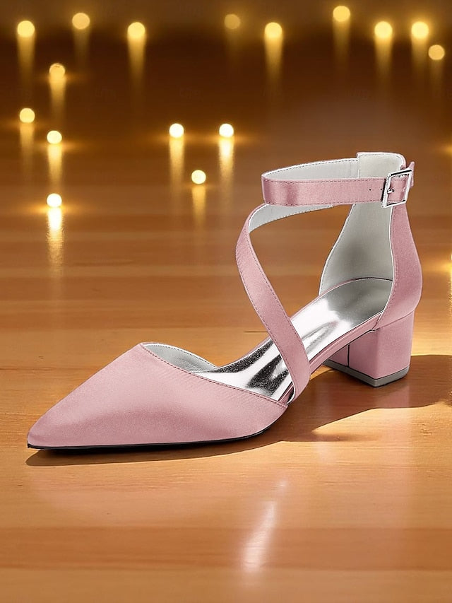 Pointed Toe Satin Champagne Block Heels - Women's