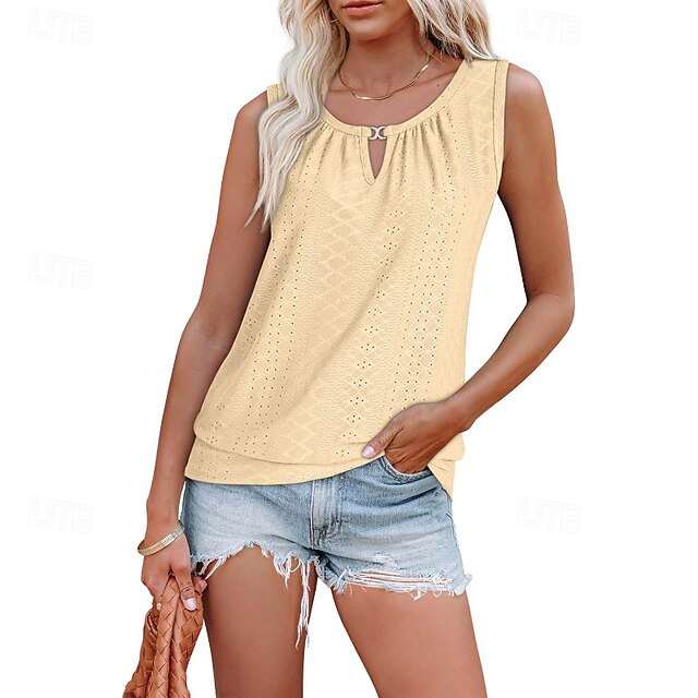 Women's T Shirt Eyelet Solid Color Casual Sleeveless Crew