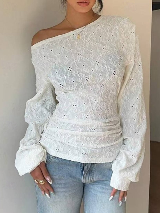 Women's T Shirt Lace Splicing Top Lace Plain Casual Long