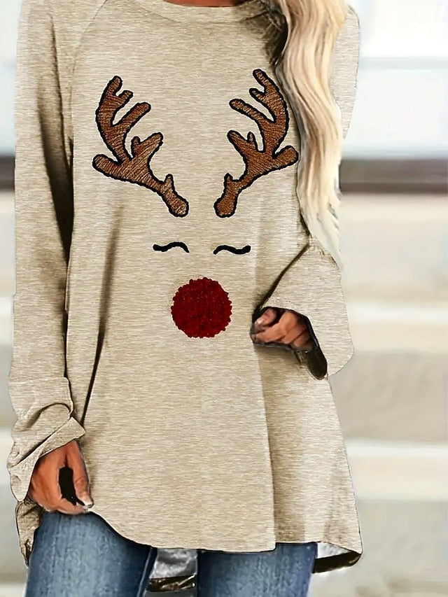 Women's T shirt Long Sleeve Tunic Top Reindeer Print Long
