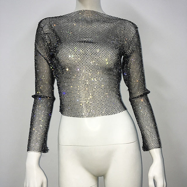 Metallic Sparkle Sexy Shirt Sheer Mesh Rhinestone Cover Up Disco