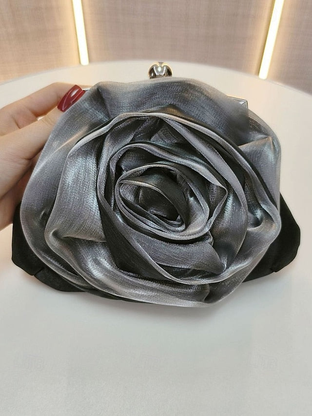 Satin Rose Clutch Evening Flower Purse – Women's Elegant