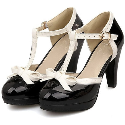 White High Leather Women's Patent Black with Heels T-Strap