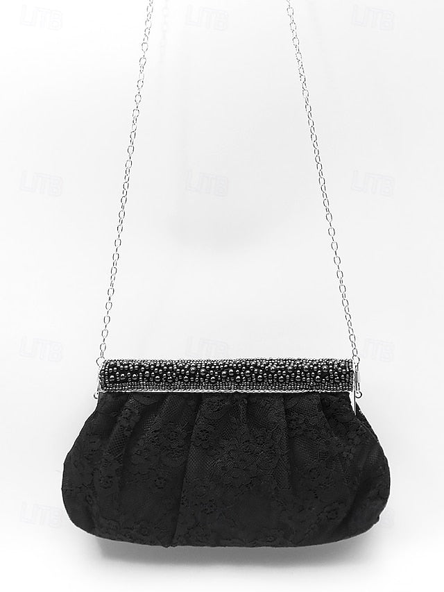 Bag Women's Clutch Beaded Black Evening with Elegant Lace