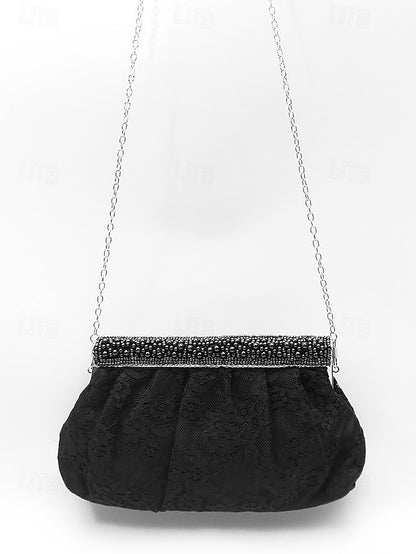 Bag Women's Clutch Beaded Black Evening with Elegant Lace