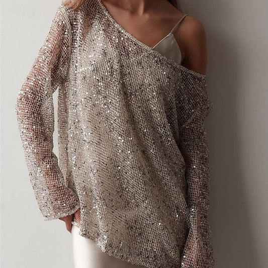Women's Texture Blouse Sequin Sparkly Party Sequins Eyelet