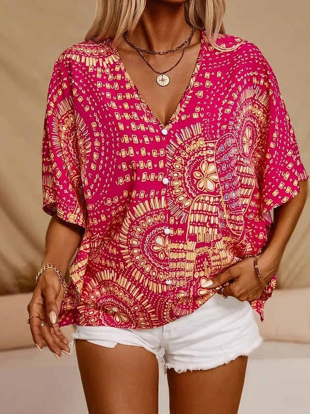 Women's Blouse Print Floral Bohemia Vintage Stylish Short