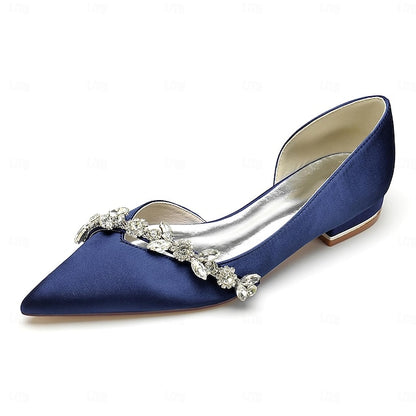 and Wedding Flat with Pointed Toe Shoes White Satin Crystal