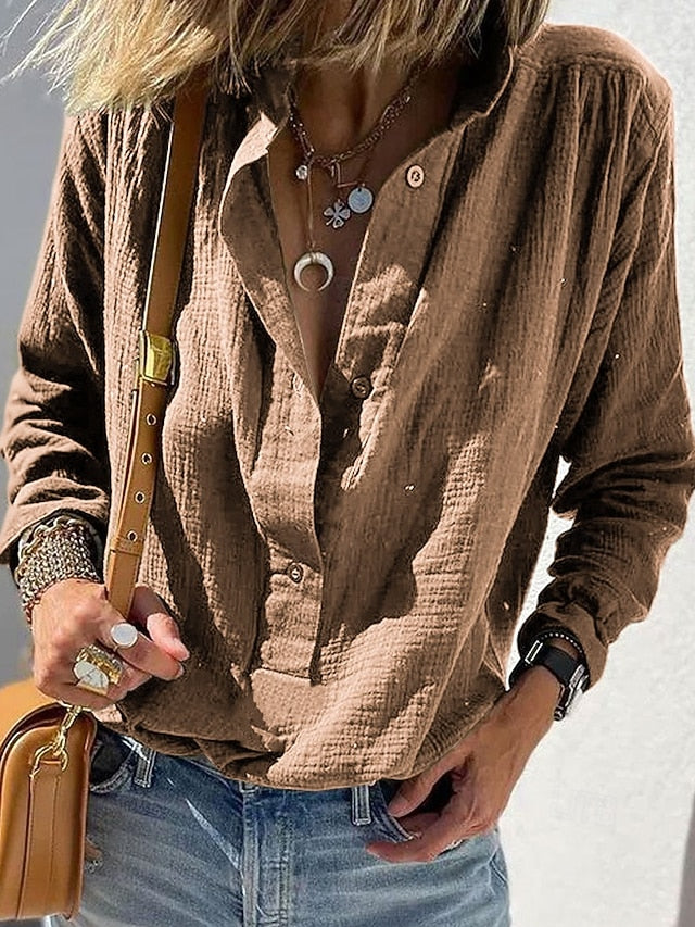 Women's Shirt Blouse Ruched Buttons Plain Casual Long