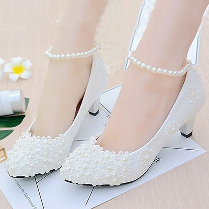 Heels Decorated Floral – White Wedding Pearl Women's Lace