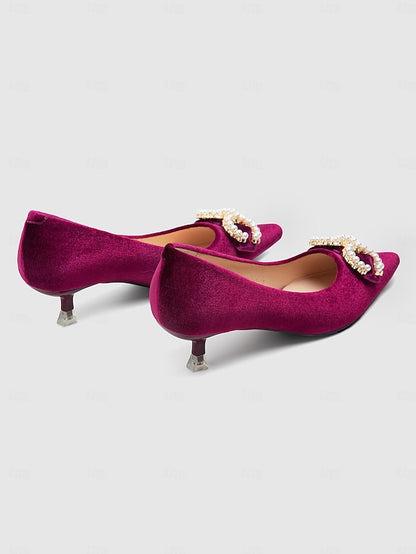 Bow Kitten - with Women's Burgundy Pearl Velvet Heel Pumps