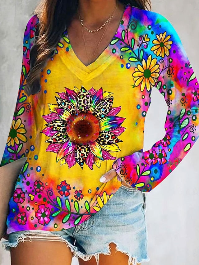 Women's T Shirt Print Ombre Graphic Feather Elegant Bohemia