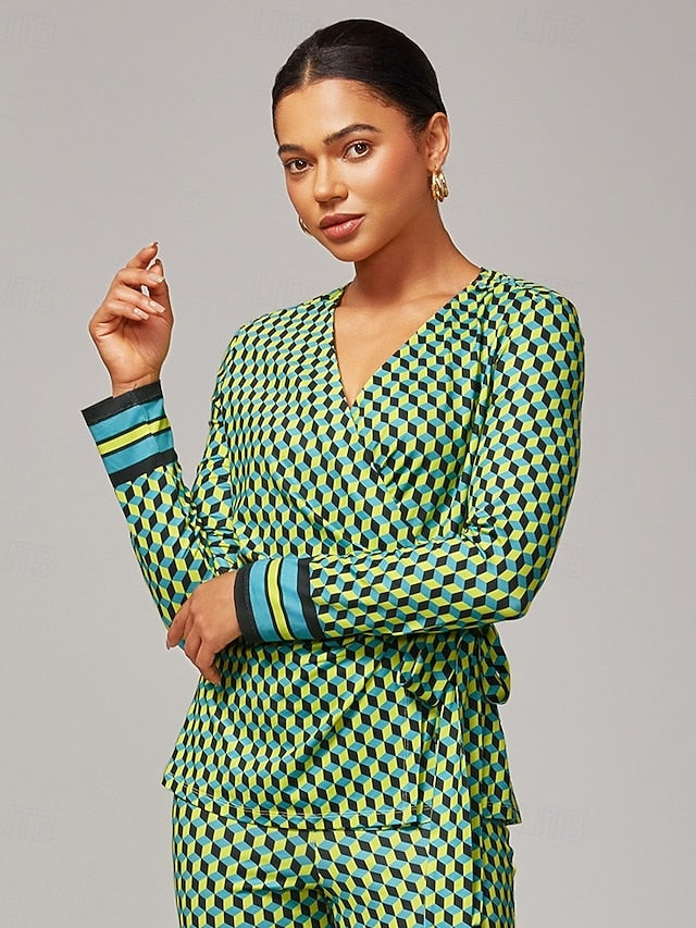 Green 3D Geometric Stretchy Wrap Top