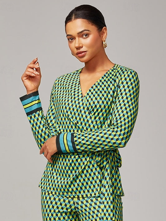 Green 3D Geometric Stretchy Wrap Top