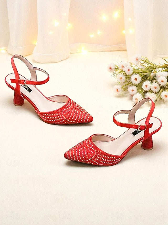Pointed Heels Women's Rhinestone Red Toe Slingback