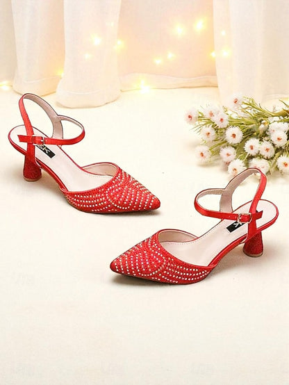 Pointed Heels Women's Rhinestone Red Toe Slingback