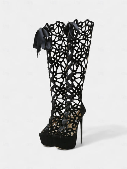 Cutout Peep Knee Boots Sexy Platform Stiletto High Women's