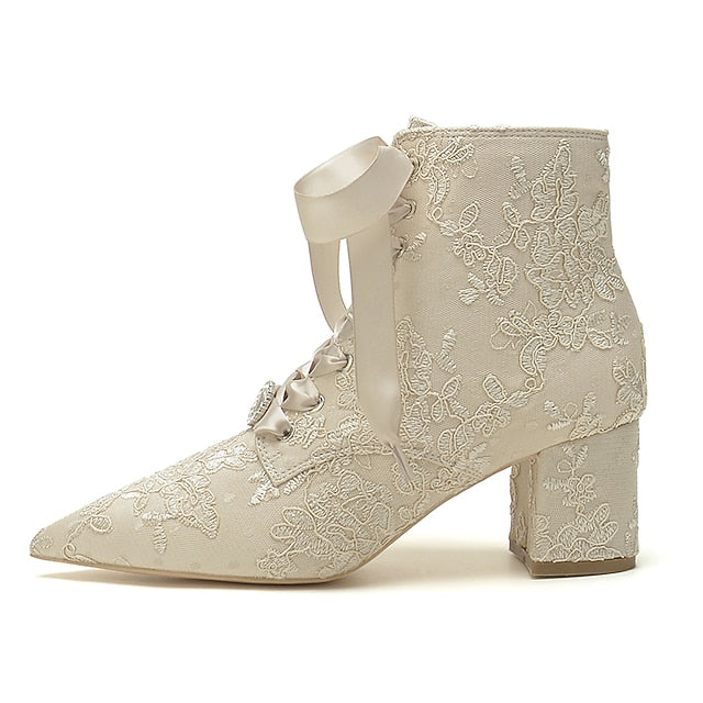 Women's White Floral Lace-Up Embroidered Booties Bridal –
