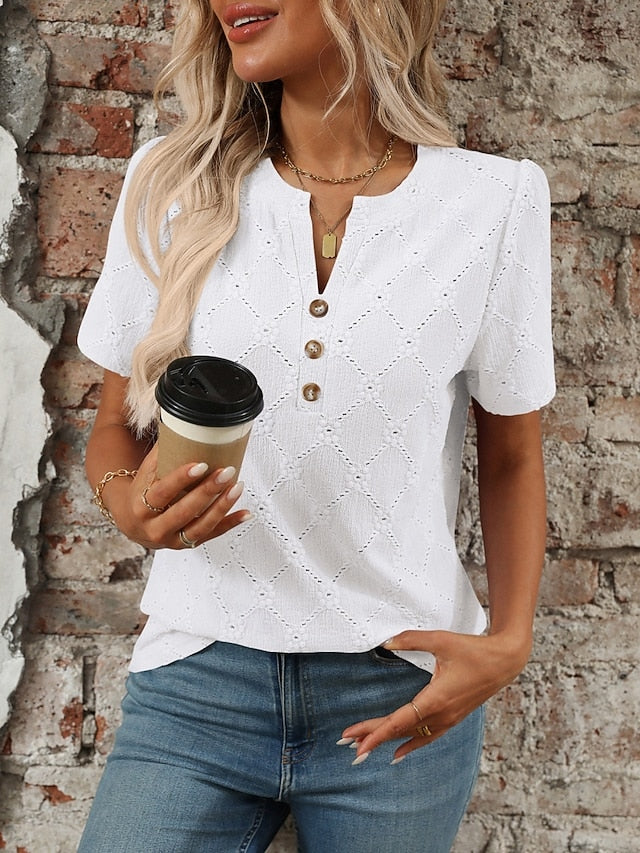 Women's T Shirt Tee Top Buttons Plain Fashion Stylish