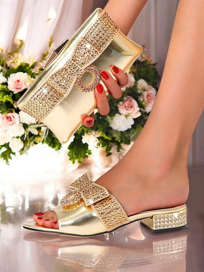 Rhinestone with Flat Gold Bow – Sandals Matching Clutch
