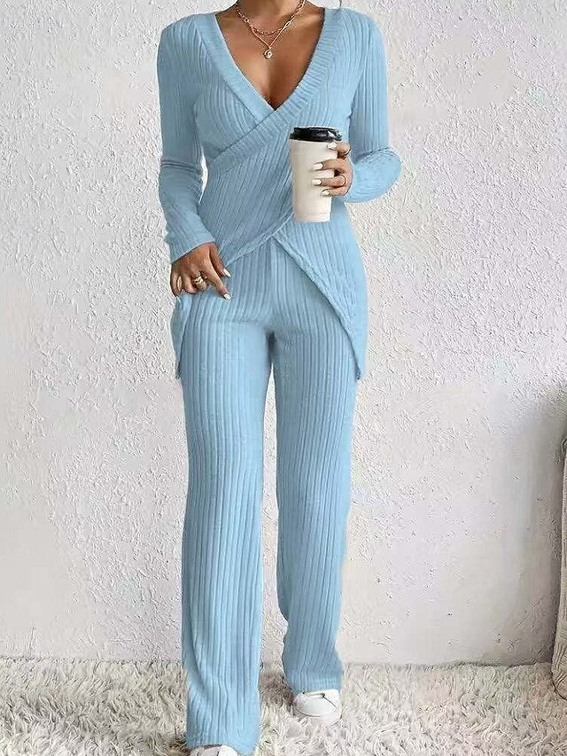 Women's Blouse Pants Sets Bolero Top Long Sleeve V Neck