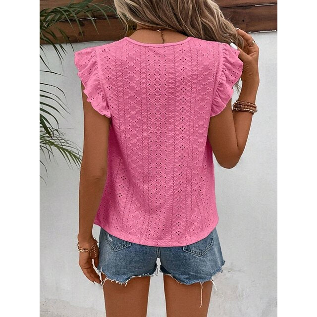 Women's T Shirt Tee Top Ruffle Eyelet Plain Fashion Stylish