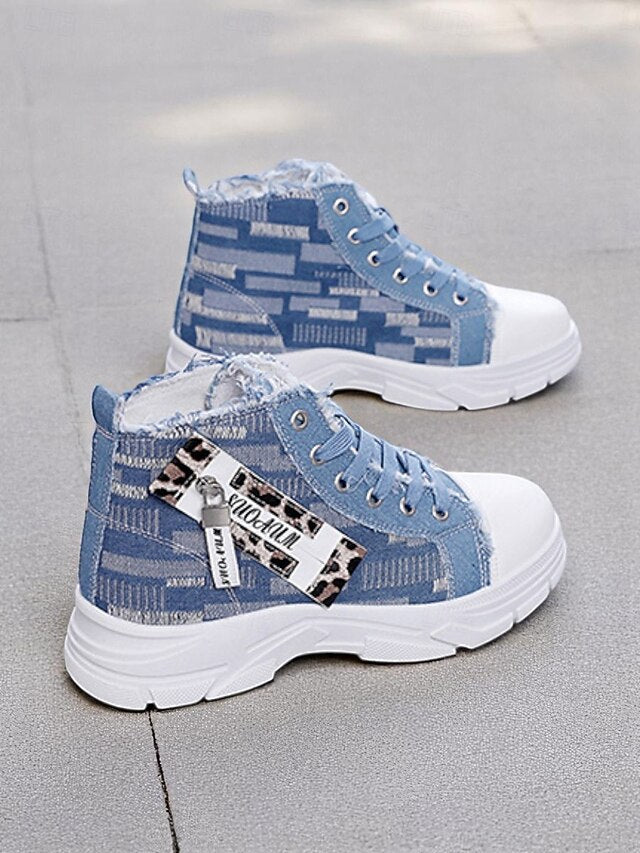 Women's Denim High Top Platform Sneakers with Leopard