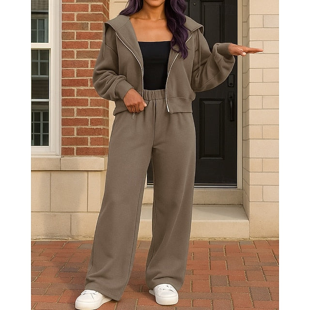 Hoodie Piece 2 Tight Up Tracksuit Zip Women's Top Baggy
