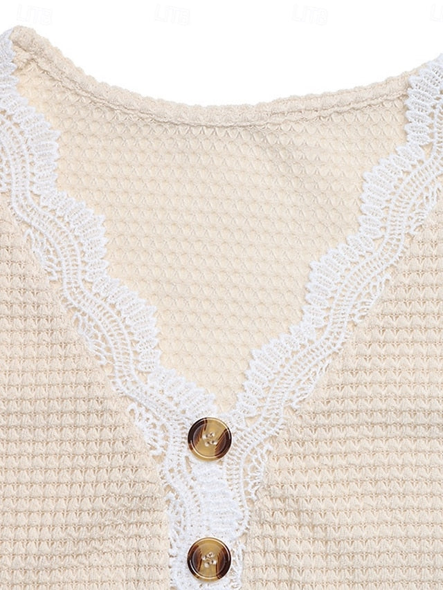 Women's Blouse Lace Patchwork Buttons Solid Color Stylish