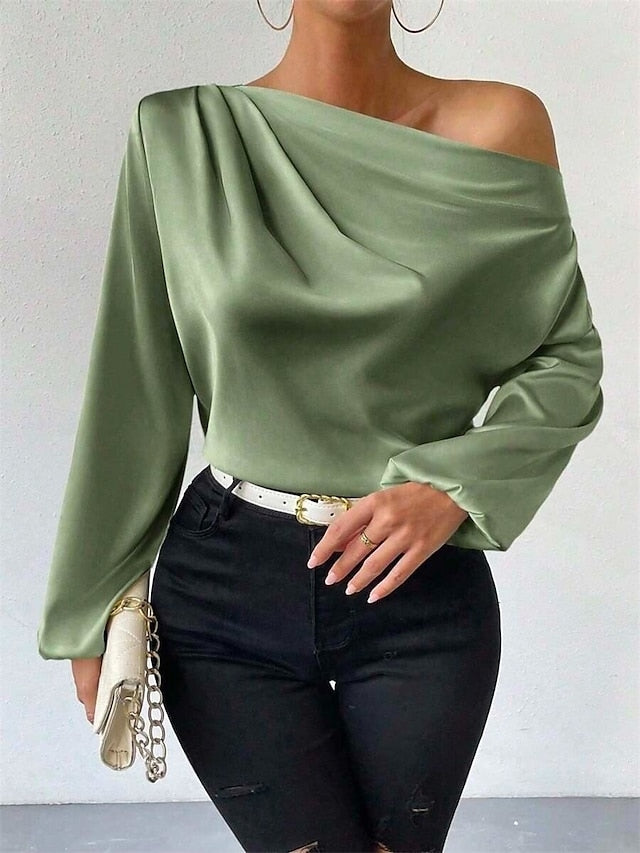 Women's Elegant Dressy Satin Top Blouse Ruched Patchwork